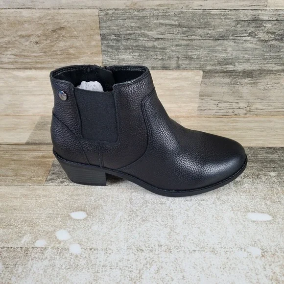 Vionic Finn Womens Booties Sz 5 Black Leather‎ Side Zip Elastic Gore Ankle Boots