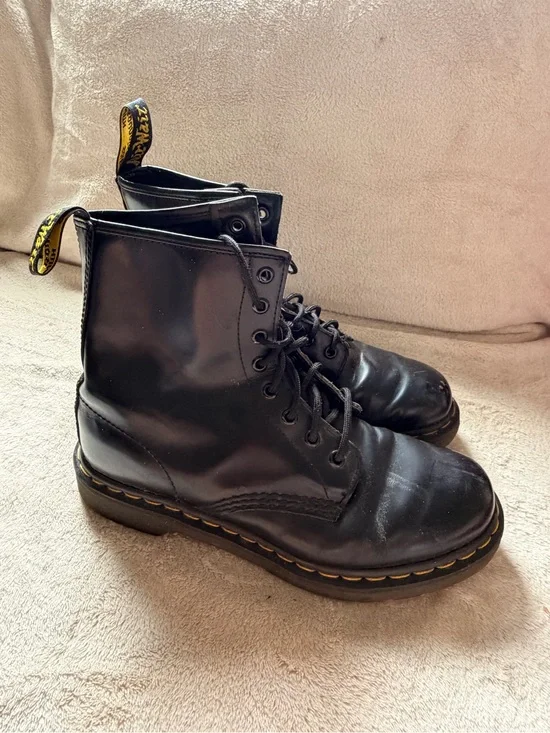 Dr. Martens Black Leather Lace-Up Ankle Boots with Yellow Stitching