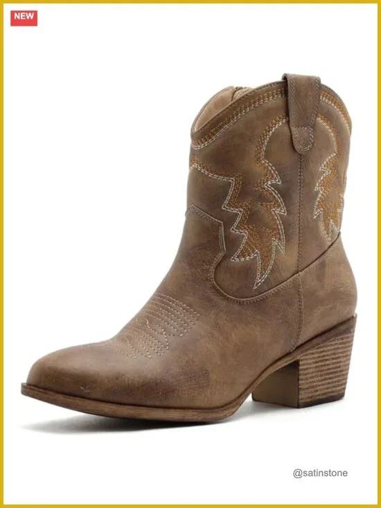 Faux Leather Cowgirl Ankle Boots for Women Western Booties with Side Zipper