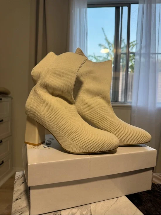 SHEIN Cream Knit Ankle Sock Boots with Block Heel