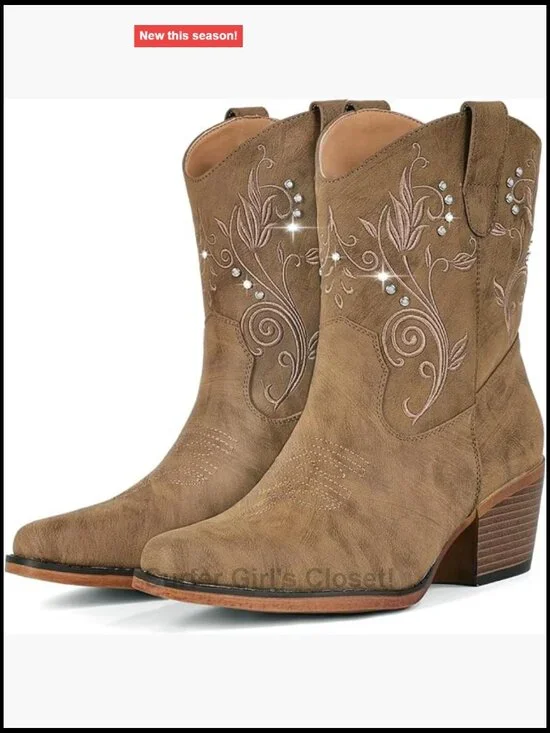 Women's Western Cowboy Ankle Boots with Rhinestone Embellishments Chunky Heel