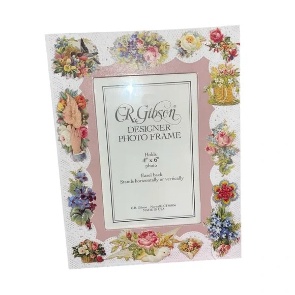 New CR Gibson Designer Photo Frame 4x6 Easel Back‎ Floral Bird Vintage Made USA