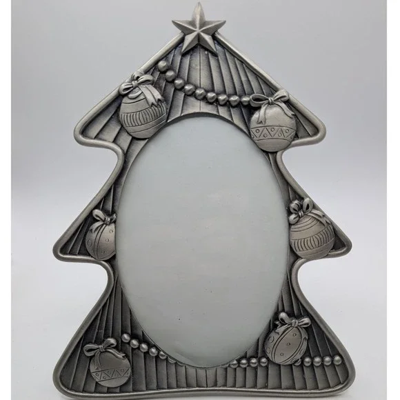 Christmas Tree Picture Frame Silver Pewter Tone Oval Opening Holiday Decor 5x3.5