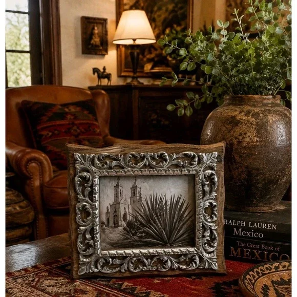 VTG Mex Pewter Wood Picture Frame Hand Carved Rustic Hacienda   Spanish Colonial