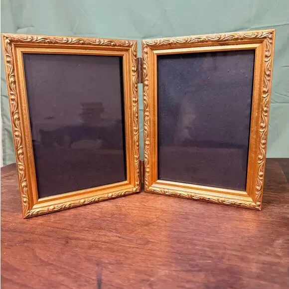 Vintage Gold Tone Hinged Double Picture Frame - 5