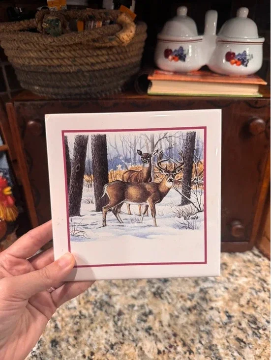 Vintage buck in winter tile wall decor