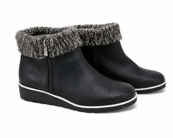 Adrienne Vittadini Sport Trapeza Black Faux Leather Wedge Ankle Boots  Knit Cuff