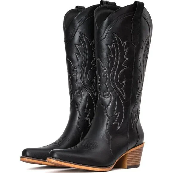 Women's Black Western Cowgirl Chunky Heel Mid Calf Snip Toe Insteps Boots