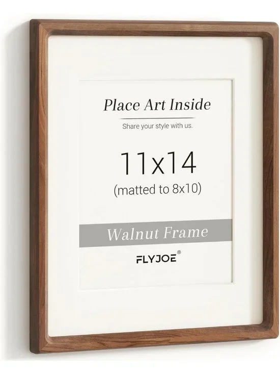 Walnut Hardwood Picture Frame 11x14 with HD Glass & Bevel Cut Mat for 8x10