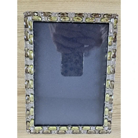 Jeweled 5x7 Picture Frame Green Brown Rhinestone Crystal Silver Tone Glam