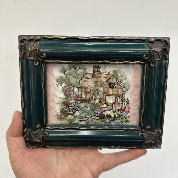 Embroidered Cross Stitch Handmade Vtg Countryside Rustic Cottage 7