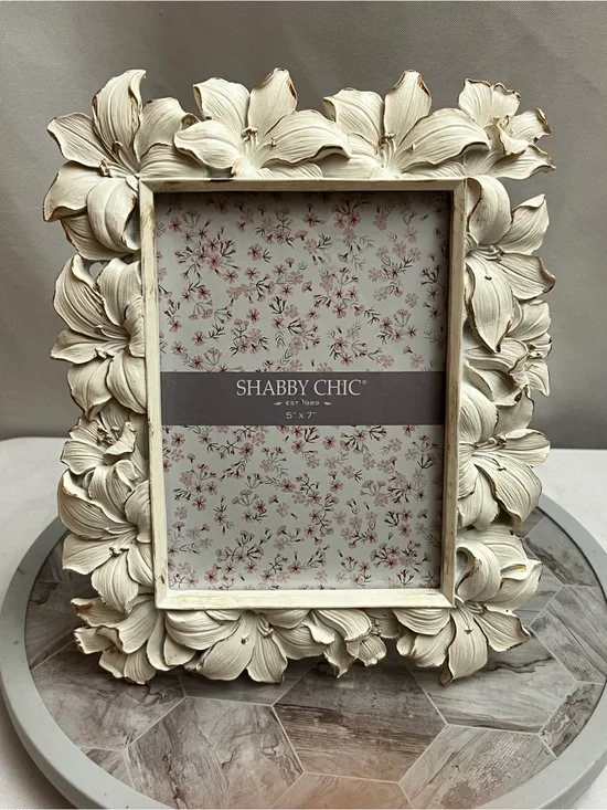 Shabby Chic Floral Lily 5x7 Distressed Picture Frame Ivory Tabletop Wall Decor