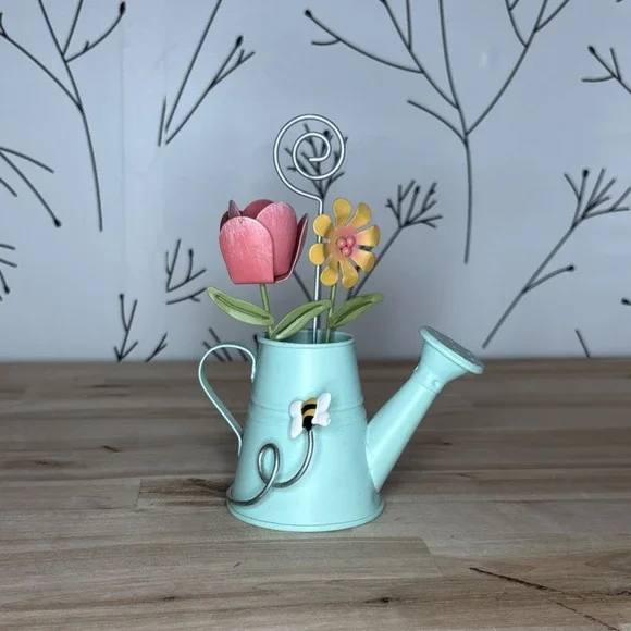 Watering‎ Can Photo Holder Flowers Bee Whimsical Mint Green