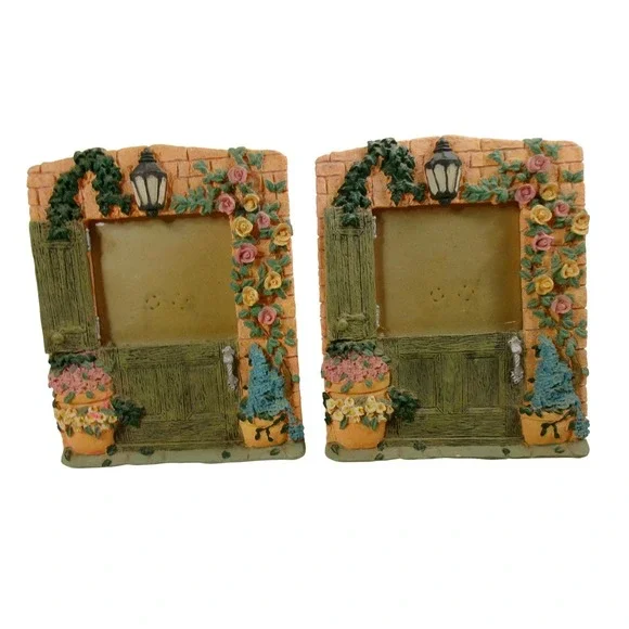 Vintage 1990s Russ Berrie 3D Molded Resin Cottage Garden Picture Frames Set of 2