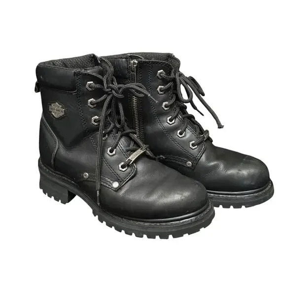 Harley Davidson Black Leather Steel Toe Boots Side Zip