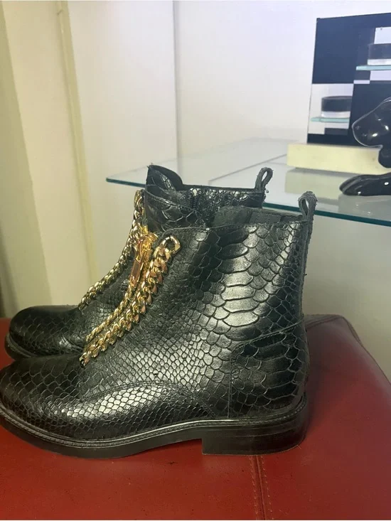 Jeffrey Campbell Faux-Snake Leather Ankle Boots with Gold Chain Detail