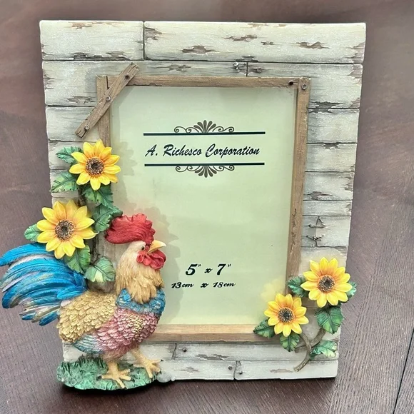 VTG A. Richesco Corporation Rooster Sunflower Resin 3D 5x7 Photo Frame Farmhouse