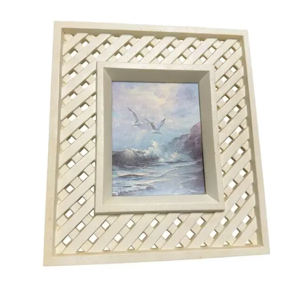 Vintage Homco Seashore Wall Print Picture White Lattice Frame Seagulls Beach 8x9