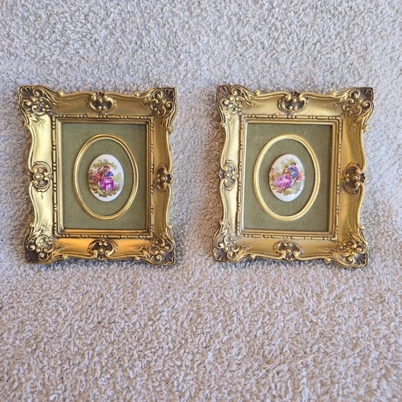 B & S Creations Cameo Courting Couple Ornate Gold-colored Framed Pictures Set 2