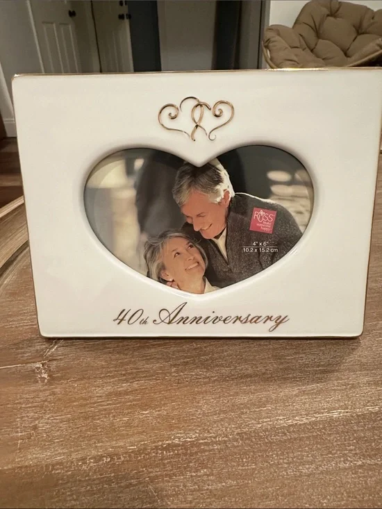 40th Anniversary White Lace and Promises Ceramic Heart Photo Frame by Russ 4x6