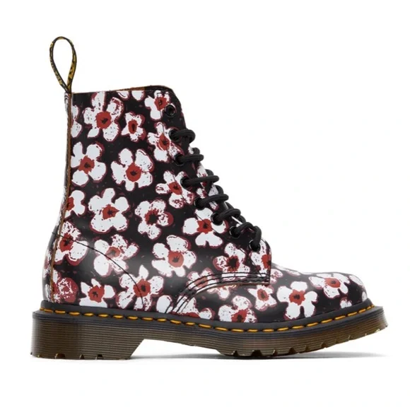 Dr. Martens Black Floral Patent Lace-Up Ankle Boots