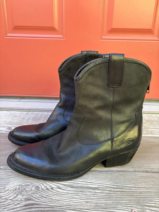 Black Leather Western Ankle Boots. Born
