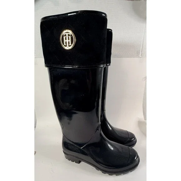 Tommy Hilfiger Women's 9 Black Rubber/ Suede Block Heel Pull on Rain Boots