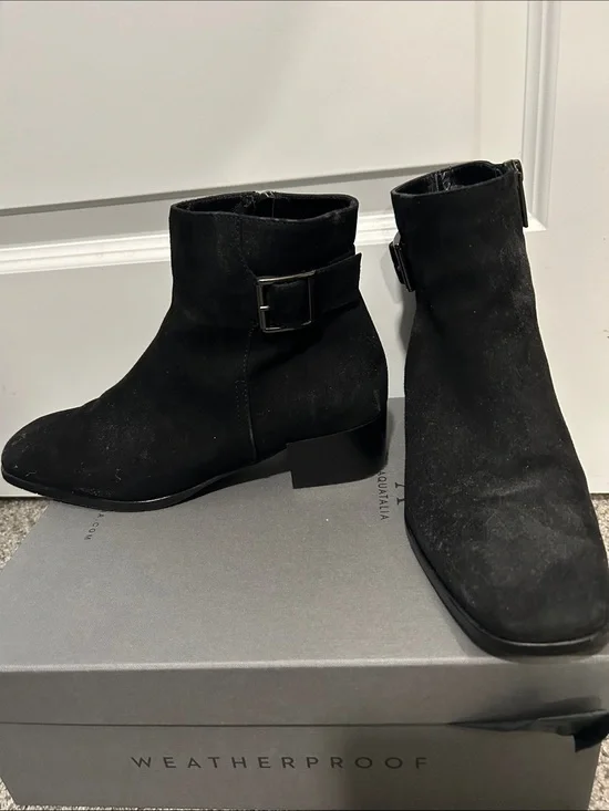 Aquatalia Weatherproof Women's Black Suede Ankle Boots with Buckle