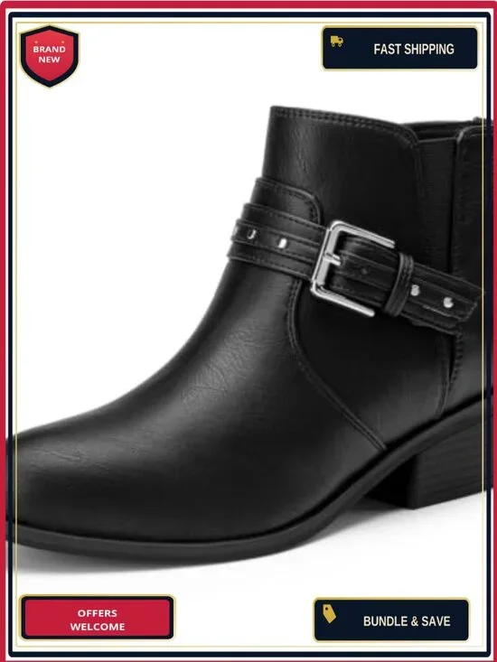 Women's Chunky Low Heel Ankle Boots Side Zipper Faux Leather