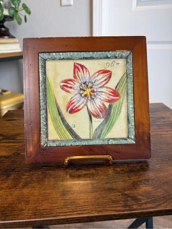 Vintage Arnie R Fisk Framed Ceramic Tile Botanical Art - Red Asiatic Lily