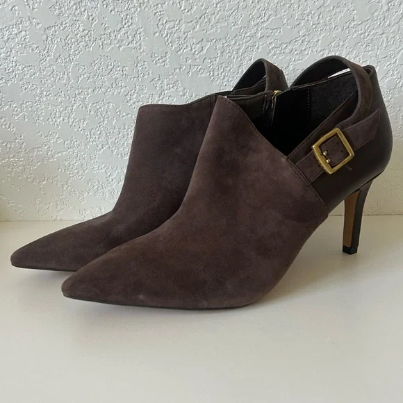 Vince Camuto Kreitha Leather Suede Stiletto Heels Booties in Root Beer Brown