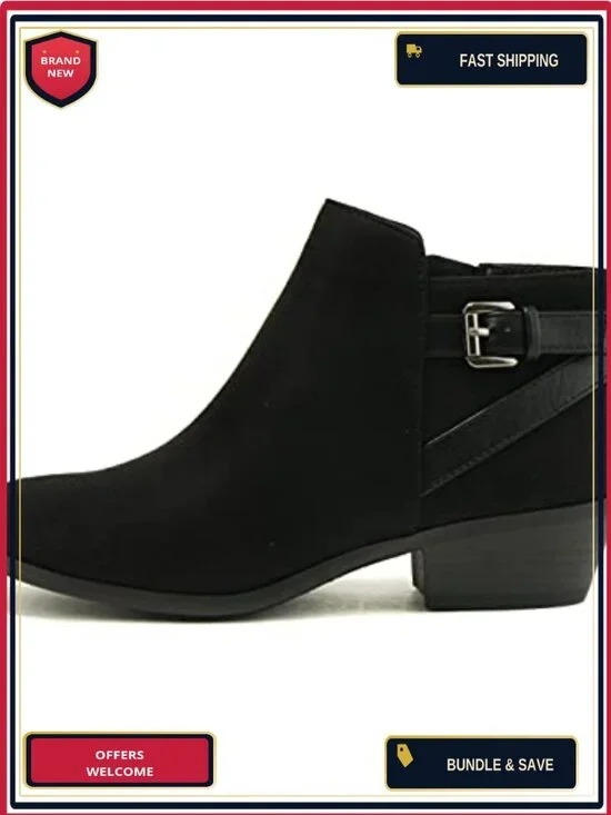 Faux Suede Ankle Bootie with Stacked Block Heel, Side Zipper, Western Style