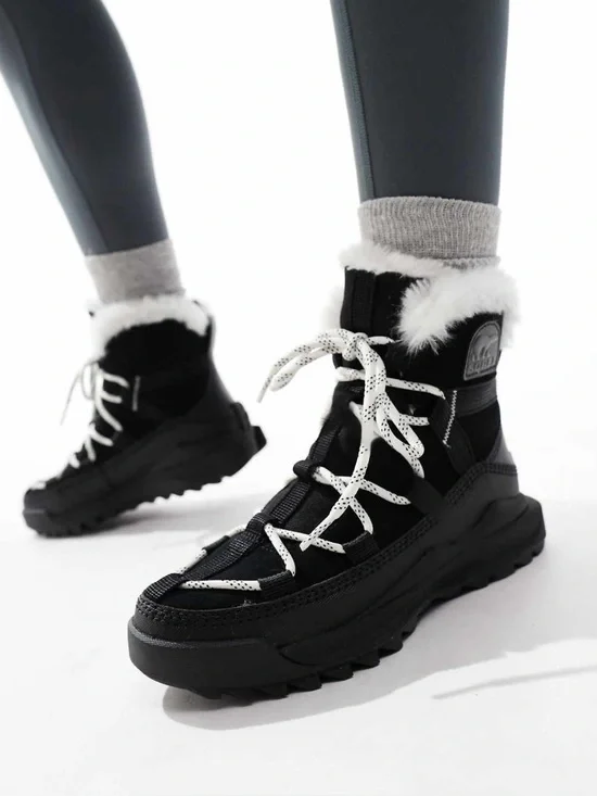 Sorel ONA RMX Glacy Plus WP waterproof fleece lined suede snow boots in black an