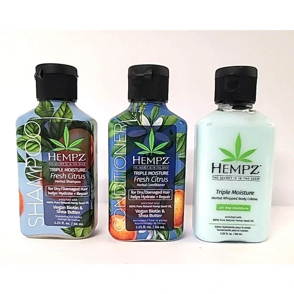 3 Travel Size Hempz Triple Moisture Fresh‎ Citrus Shampoo/Conditioner/Lotion