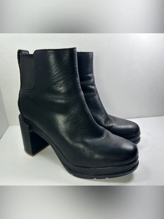 Sorel Margot Black Leather Block Heel Ankle Boots Size 8