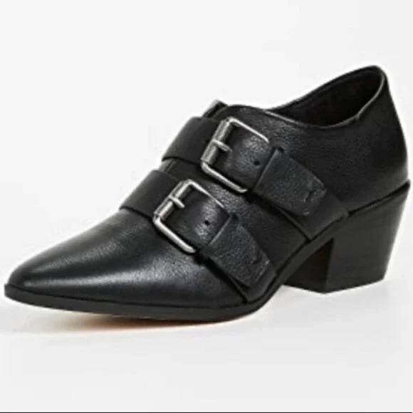 Anthropologie Splendid Carla Buckle Point Toe Black Leather Booties 8.5 NWOB