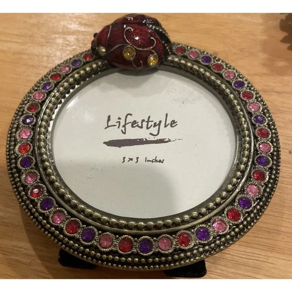 Enamel Ladybug Rhinestone Free Standing Picture Photo Frame 3 X 3 Round Colorful