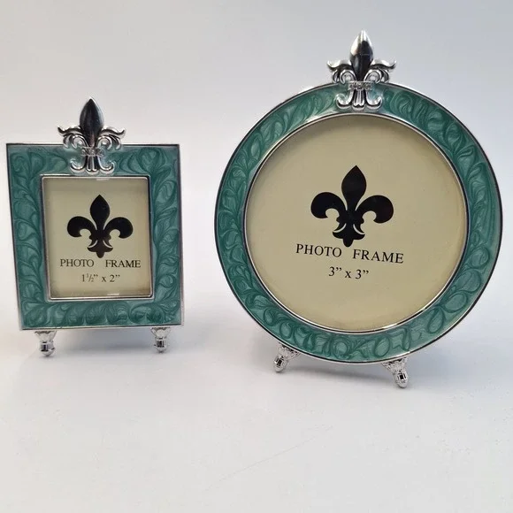 Vintage Fleur De Lis Photo Frame Set Teal Enamel Silver Tone Round Square Mini‎