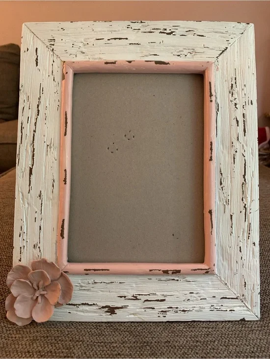 Distressed White and Soft Pink Floral Photo Frame - Home Accents 5 x 7