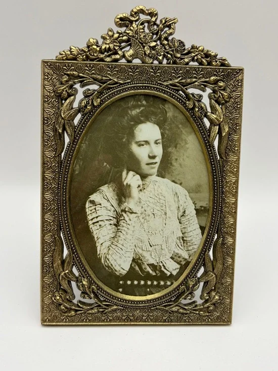 Victorian Style Antique Brass Metal Photo Frame Ornate Flower & Ribbon Design