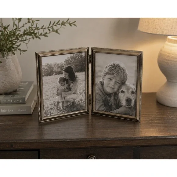 Vintage Gold‎ Tone Metal Folding Double Picture Frame Beaded Edge 5x7