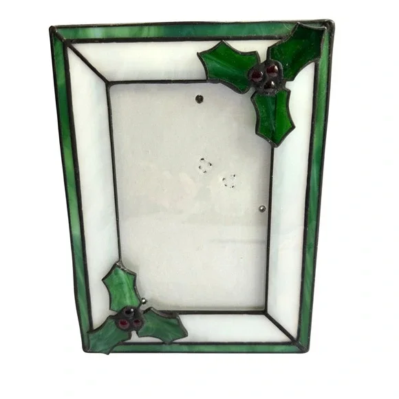 Stained Glass Holly Berry Christmas Picture Frame Green White 5x7 Holiday Winter