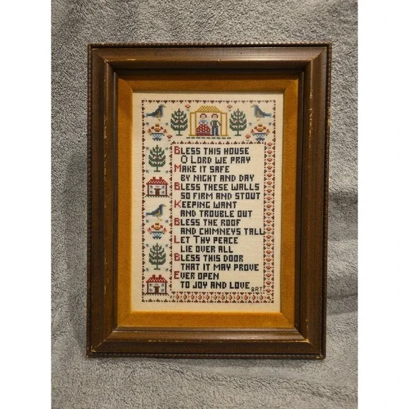 Vintage Needlepoint Wedding Sampler Primitive In Frame  11.5x15 Bless This House