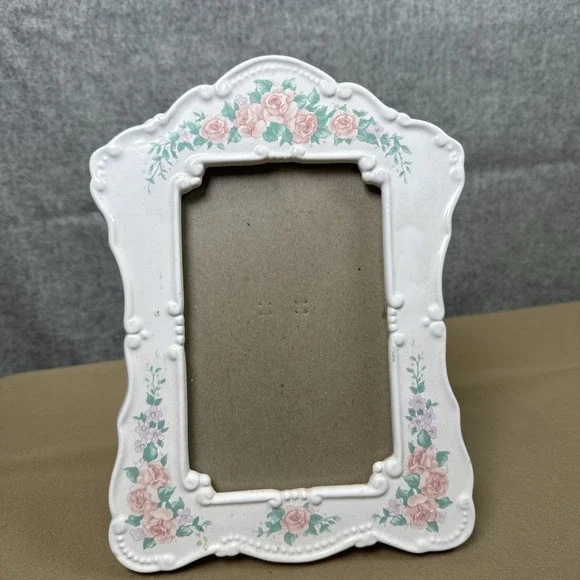 Vintage Ceramic Floral Frame White Pink Green Tabletop 4x6 Coquette Cottagecore‎