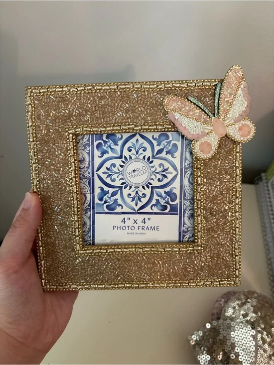 Beaded Gold 4x4 Photo Frame with Pink Butterfly Accent -