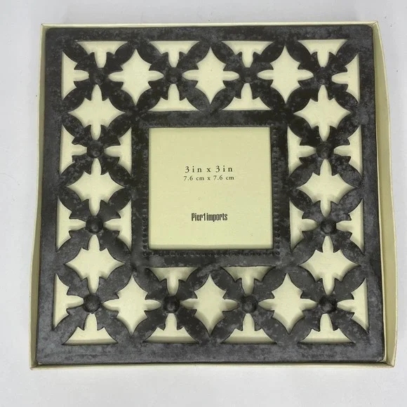 PIER 1 IMPORTS Metal Floral Scroll Square‎ Picture Frame 3x3 Black NEW Boho