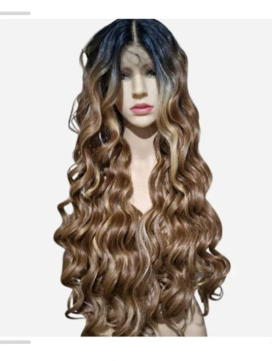 Long Wavy Lace Front Wig - Brown Ombre HUMAN HAIR BLEND WIG