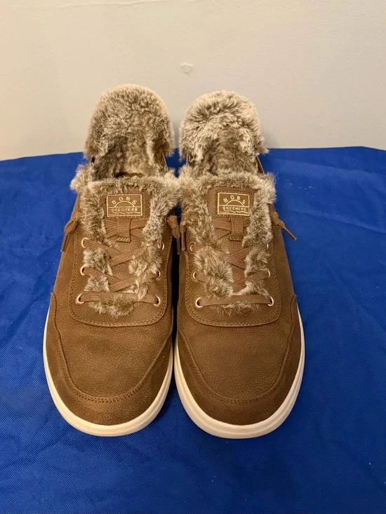 Women’s Skechers SLIP INS Brown with Faux-Fur Trim Casual Sneakers