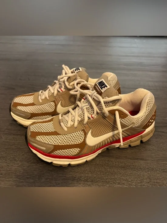 Nike Women’s Vomero 5 Bowerman series Beige Mesh Athletic Shoes with Red Accent