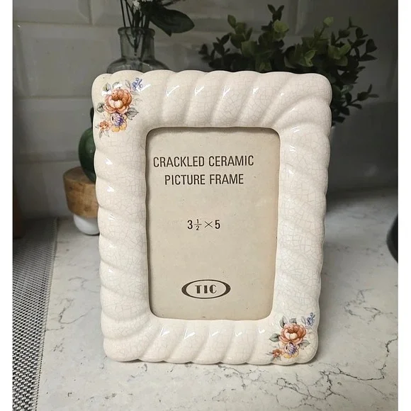 VTG Crackled Ceramic Floral Photo Frame 3.5x5 Glass Pane Cottagecore Grannycore